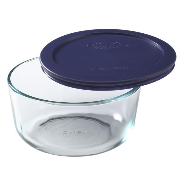 Pyrex 4-Cup Round Glass Storage Dish with Dark Blue Plastic Cover