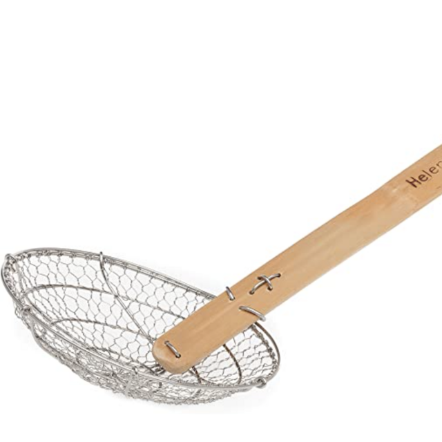 Helen's Asian Kitchen Helen Chen’s Asian Kitchen Stainless Steel Spider Natural Bamboo Handle, 7-Inch Strainer Basket, Silver/Brown