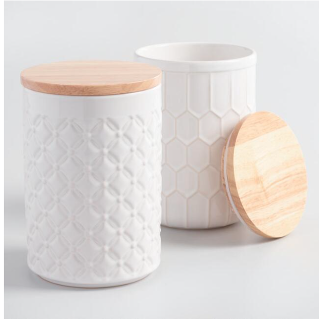 White Textured Ceramic Canisters with Bamboo Lids Set of 2