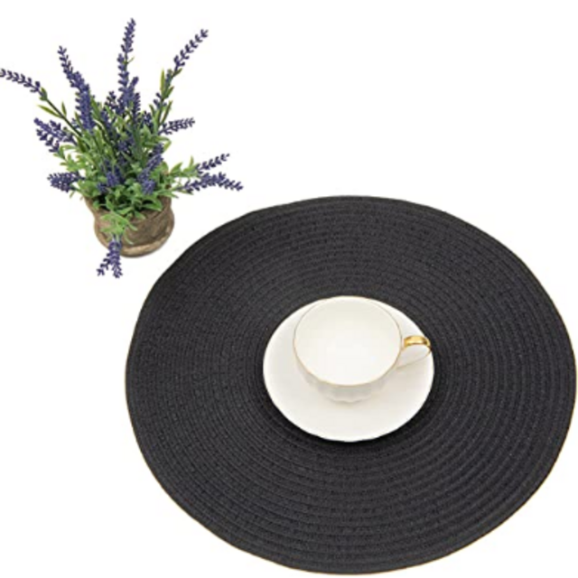 SHACOS Round Braided Placemats Set of 8 Washable Cotton Polyester Woven Round Table Mats for Dining Tables 15 inch (Black, 8)