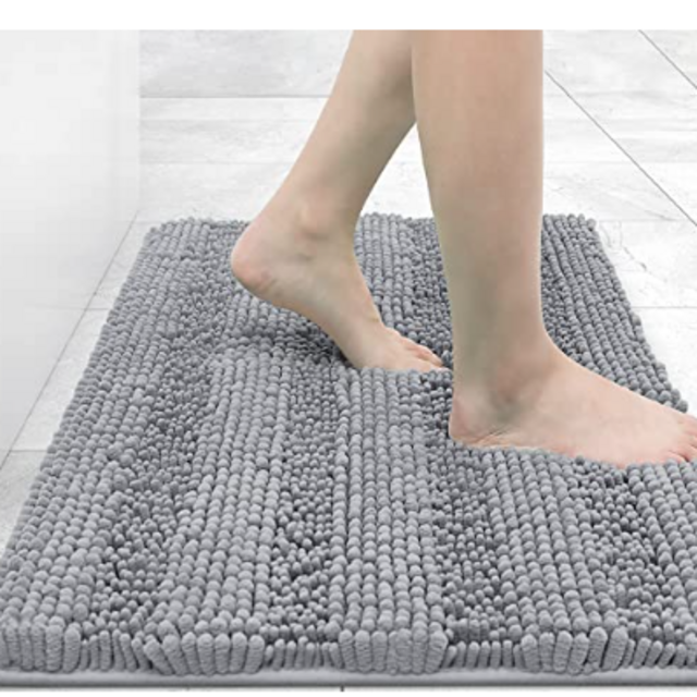 Grandaily Chenille Striped Bathroom Rug Mat, Extra Thick and Absorbent Bath Rugs, Non-Slip Soft Plush Shaggy Bath Carpet, Machine Wash Dry, Bath Mats for Bathroom, 16x24, Grey