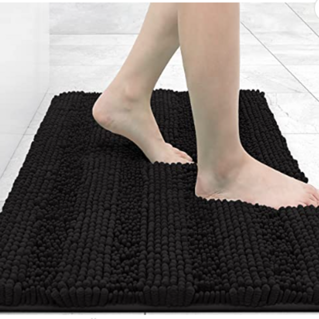 Grandaily Chenille Striped Bathroom Rug Mat, Extra Thick and Absorbent Bath Rugs, Non-Slip Soft Plush Shaggy Bath Carpet, Machine Wash Dry, Bath Mats for Bathroom, 16x24, Black
