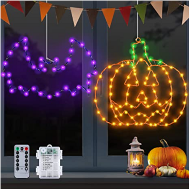 Halloween Window Decorations Lights 2 Pack 12" Bat Pumpkin Halloween Lights Battery Operated with Timer, 8 Light Modes Halloween Window Silhouette Light for Window Door Yard Party Decor Indoor Outdoor
