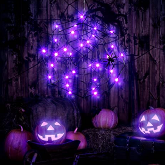 Halloween Spider Web Lights Window Decor, 30 LED Light up Purple Web Silhouette with Spiders, Black Net Lights for Halloween Spooky Night Decorations