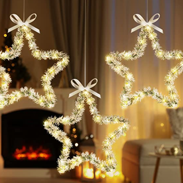 MAOYUE Christmas Window Lights 3 Pack Christmas Star Lights with Snow Pine Leaves Battery Operated Christmas Lights for Outdoor Christmas Decorations, Window, Indoor, Door, Porch, Party, Warm White