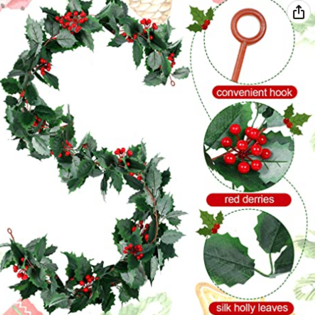 3 Pieces Red Berry Green Garland 5.7 Ft Artificial Red Green Garland Christmas Red Berry Flower Vine Winter Holly Leaves Garland Outdoor Xmas Garland for Christmas Indoor Outdoor Fireplace Home Decor