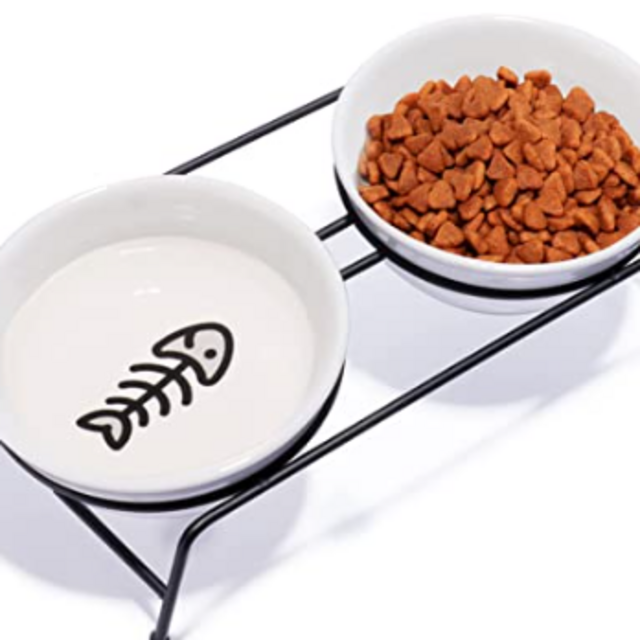 Cat Food Bowls Set, Upgraded 13 oz Ceramic Elevated Raised Cat Bowls for Food and Water, 2 Pet Dishes Bowl with Stainless Steel Stand Non-Slip and Anti-Rust, for Indoor Cats and Puppy, Dishwasher Safe