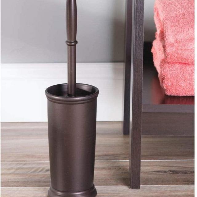 mDesign Compact Freestanding Plastic Toilet Bowl Brush and Holder for Bathroom Storage and Organization - Space Saving, Sturdy, Deep Cleaning, Covered Brush - Bronze