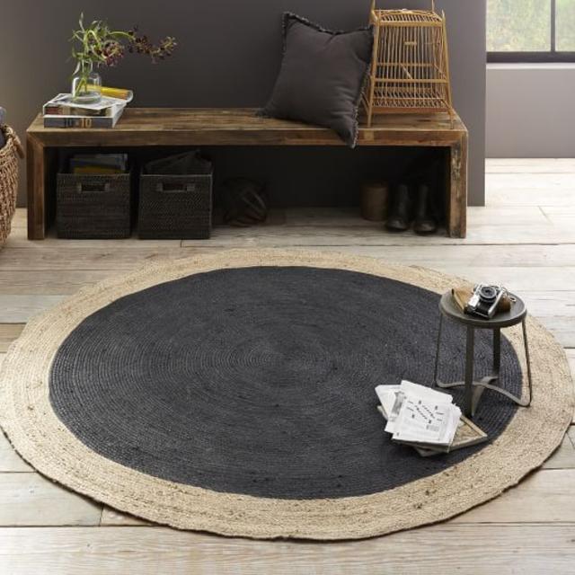 Bordered Round Jute Rug - Slate