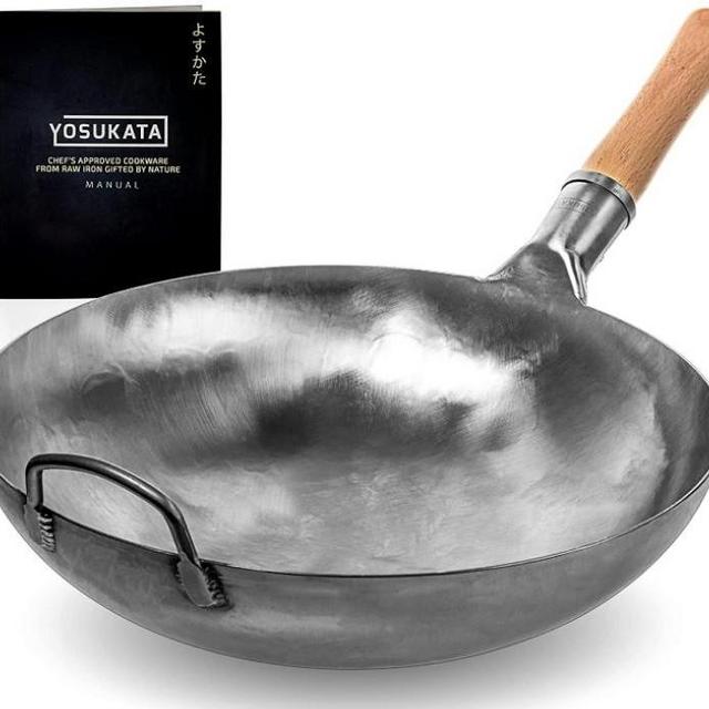 YOSUKATA Silver Round Bottom Wok Pan – 14" Woks and Stir Fry Pans - Chinese Hammered Pow Wok Carbon Steel Wok - Traditional Chinese Japanese Woks - Carbon Steel Cooking Wok (14", Silver)