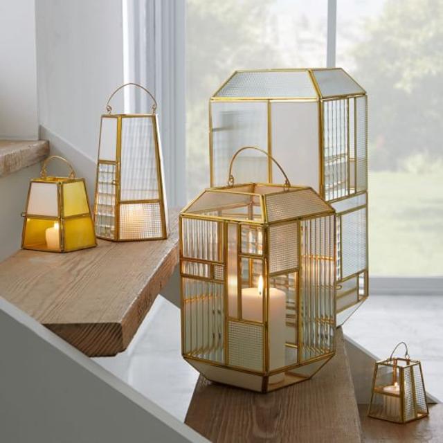 Paneled Glass Lanterns - White/Gold/Yellow