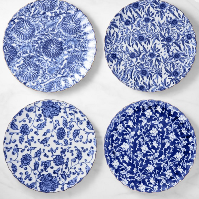 Blue Floral Mixed Dinner Plates, Set of 4