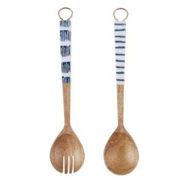 Mud Pie PORTO WOOD & ENAMEL SALAD SERVER SET
