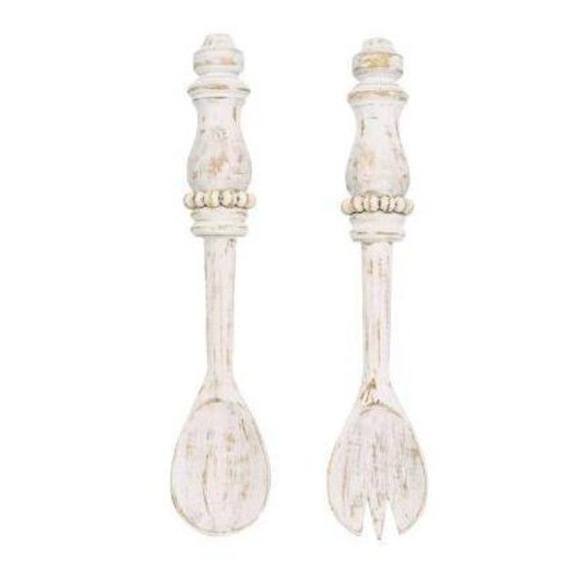 BEADED WHITE-WASH WOOD SERVING UTENSIL SET