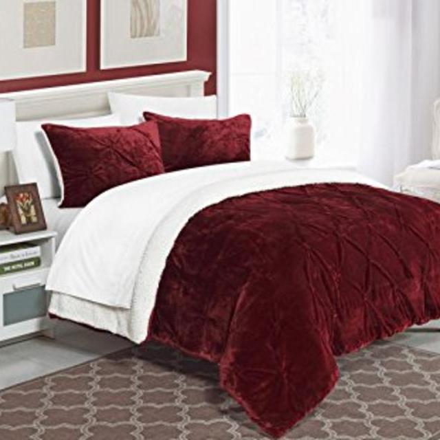 Chic Home 3 Piece Josepha Pinch Pleated Ruffled & Pintuck Sherpa Lined Comforter Set, Queen, Burgundy