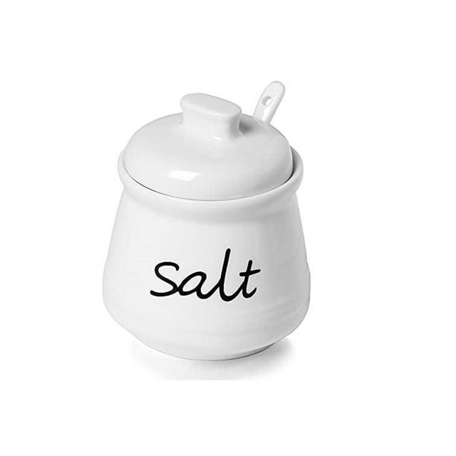 Salt Bowl,Ceramic Salt Jar with Lid and Spoon for Home and Kitchen 12oz, White