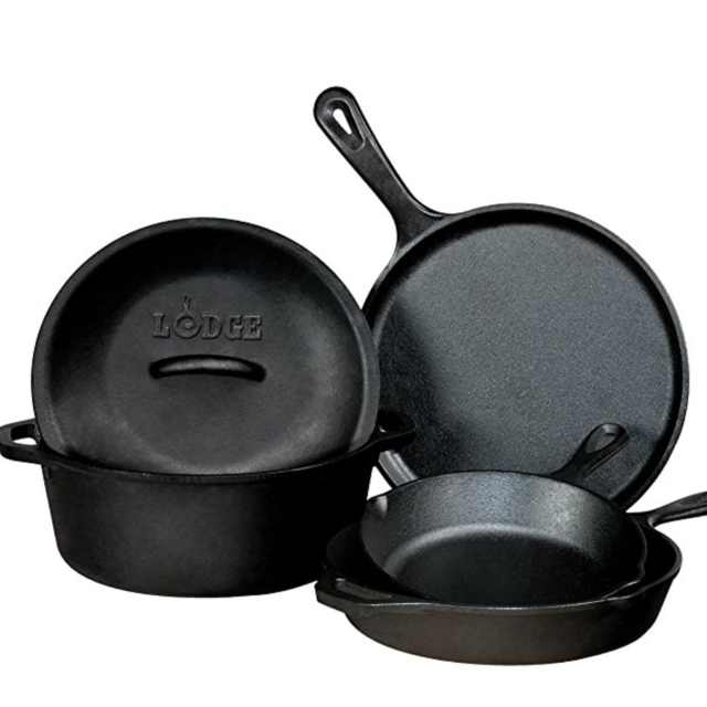 Lodge Seasoned Cast Iron 5 Piece Bundle. 10.5” Griddle, 8” Skillet, 10.25” Skillet, 10.25” Dutch Oven, and 10.25” Lid