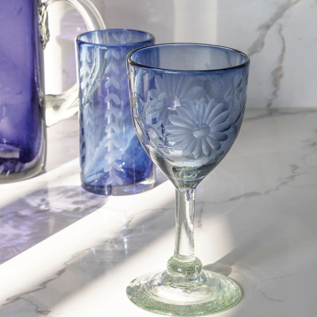 Etched Wine Glass - French Blue