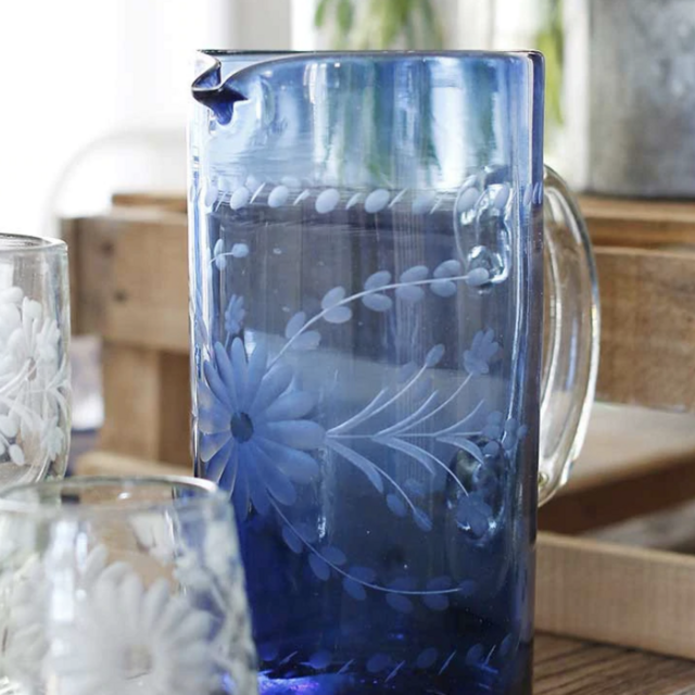 Etched Tall Pitcher - French Blue