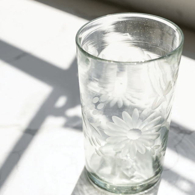 Etched Tall Glass - Clear Flower - Set of 4