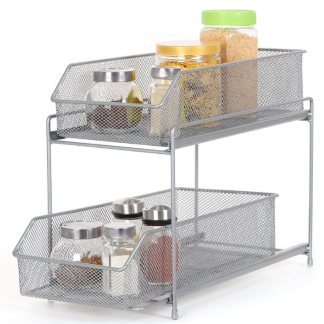 2 Tier Sliding Cabinet Basket Organizer Drawer, Mesh Storage Organizer with Pull Out Drawers