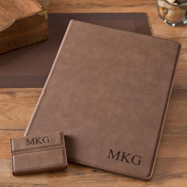 Personalized Mocha Microfiber Portfolio & Business Card Case Set