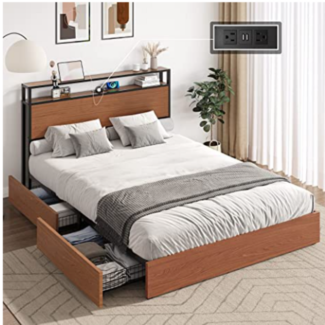 AMERLIFE Queen Size Storage Bed Frame, Wooden Platform Bed with Charging Station, 4 Drawers & Headboard/ No Box Spring Needed/ Noise-Free/ Cherry