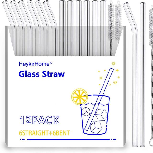 HeykirHome 12-Pack Reusable Glass Straw,Size 8''x10 MM,Including 6 Straight and 6 Bent with 2 Cleaning Brush- Perfect For Smoothies, Tea, Juice