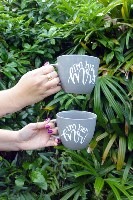 Hand Lettered Mr & Mrs Mug Set || Ceramic and Vinyl || Grey Mugs with White Letters