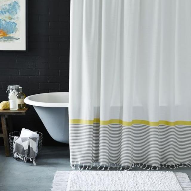 Stripe Border Shower Curtain – Stone White/Citron + Hooks