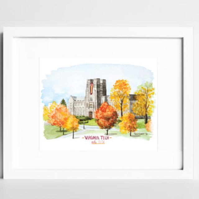 Virginia Tech Hokies Watercolor Print | VT College Campus Wall Art | Blacksburg VA