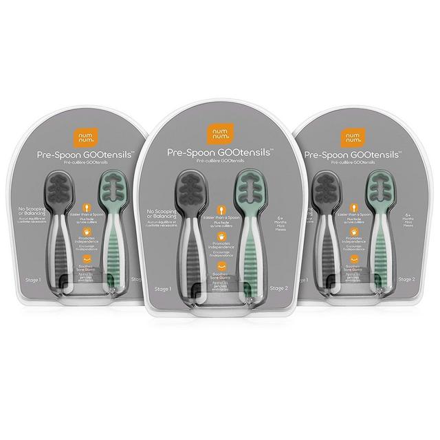 NumNum Pre-Spoon GOOtensils | Baby Spoon Set (Stage 1 + Stage 2) | BPA Free Silicone Self Feeding Toddler Utensils | For Kids Ages 6 Months+, 1-Pack, Two Spoons, Storm Gray/Glacier Green