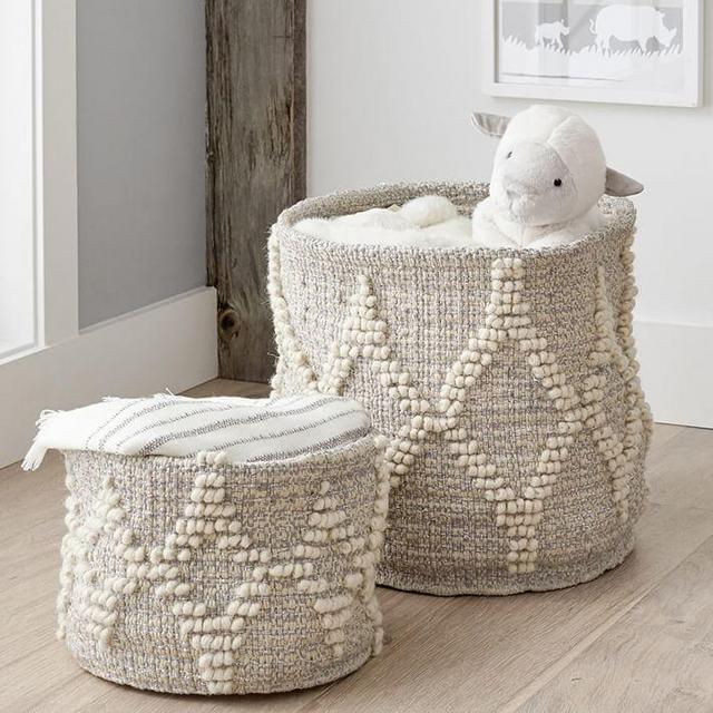 Winter Bohemian Wool Basket, Toy Dump, White and Silver Metallic, WE Kids