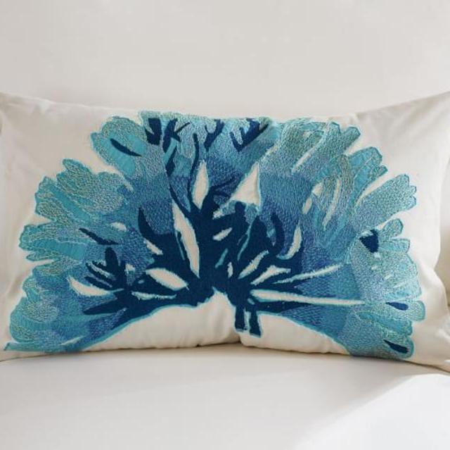 Blue Coral Embroidered Lumbar Pillow Cover