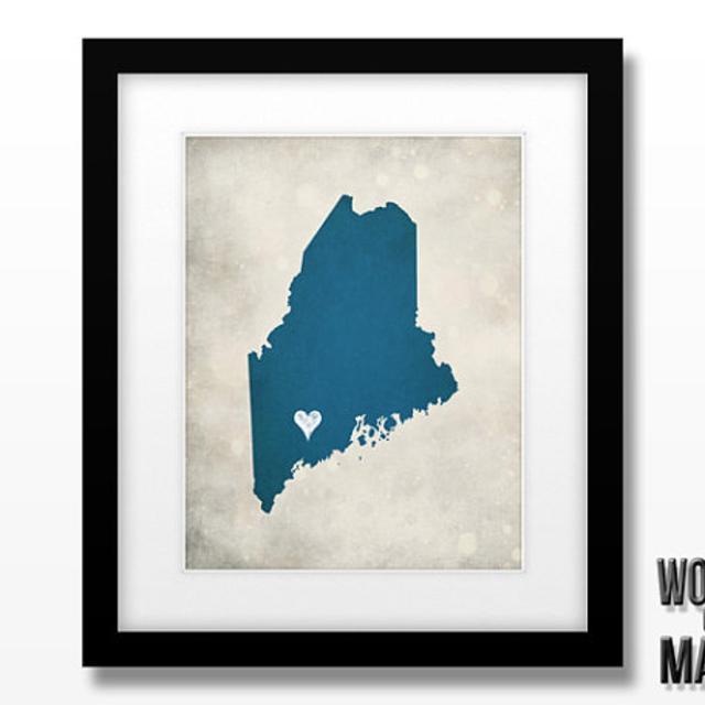 Maine Map Print - Home Town Love - Personalized Art Print 11x14
