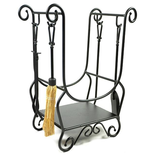 WoodEze HR26216A Scroll Wrought Iron Firewood Rack with Fireplace Tools & Fire Starter Shelf | Black Finish