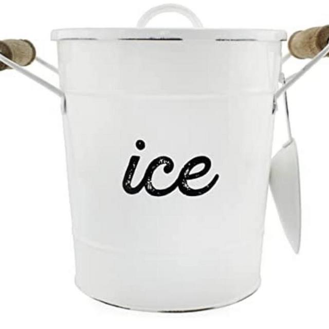 AuldHome Rustic Enamelware Ice Bucket; White Farmhouse Style Insulated Ice Server