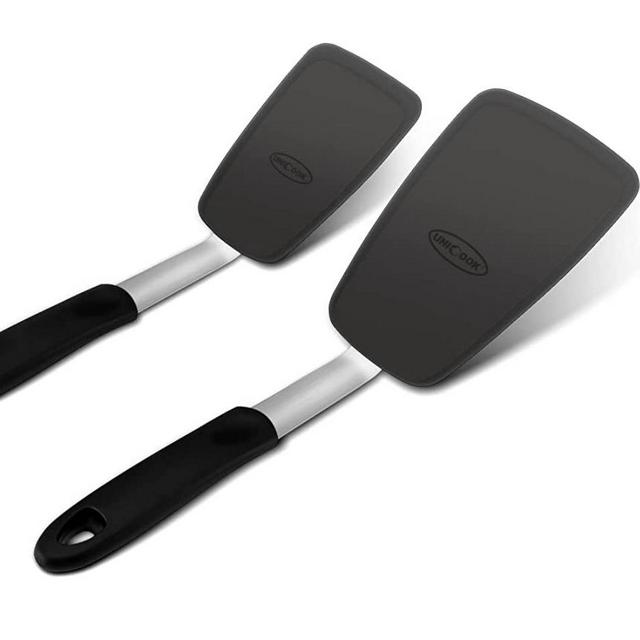Unicook 2 Pack Flexible Silicone Spatula, Turner, 600F Heat Resistant, Ideal for Flipping Eggs, Burgers, Crepes and More, Black