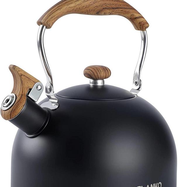 Tea Kettle, BELANKO 85 OZ / 2.5 Liter Whistling Tea Kettle, Tea Pots for Stove Top Food Grade Stainless Steel with Wood Pattern Folding Handle, Loud Whistle Kettle for Tea, Coffee, Milk - Black