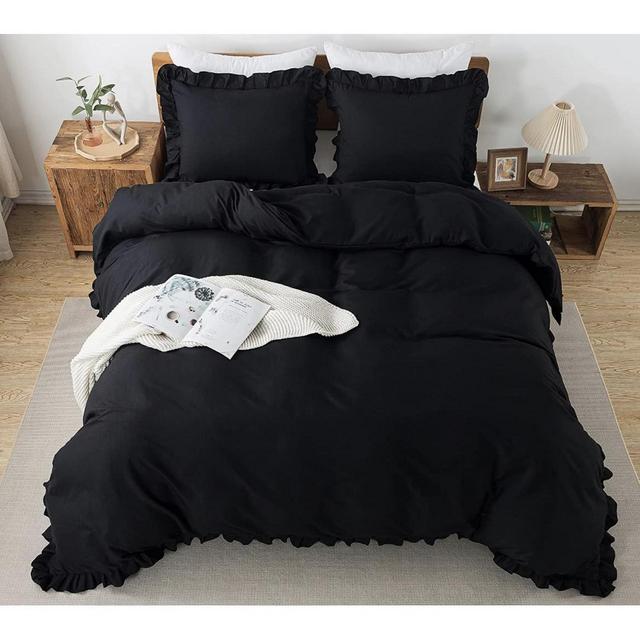Andency Black Duvet Cover King Size(104x90Inch), 3 Pieces(1 Ruffle Duvet Cover and 2 Pillow Shams) Soft Microfiber King Duvet Cover Set, Ruffled Farmhouse Shabby Chic Duvet Cover with Zipper Closure