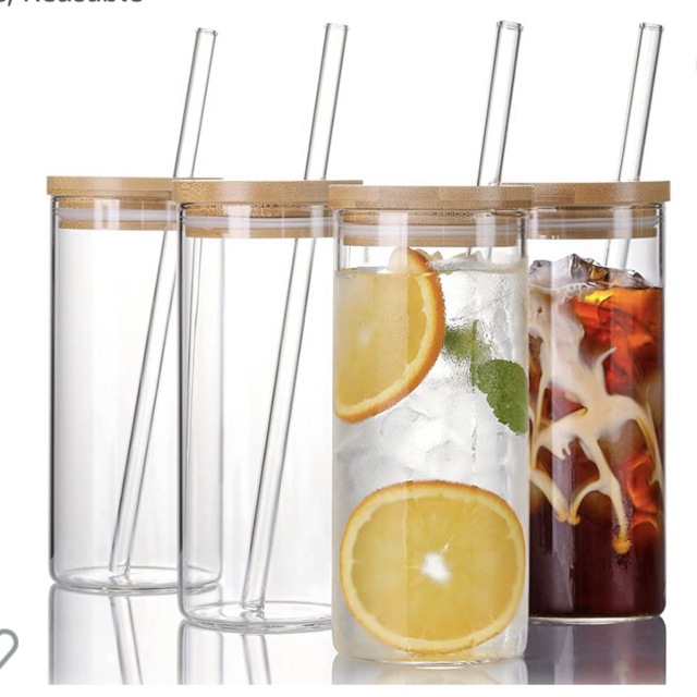 4 Set 20 OZ Drinking Glasses with Bamboo Lids and Straws, Borosilicate Glass Tumbler Cups - Tall Clear Iced Coffee Cups for Smoothie, Water, Juice, Coffee Bar Accessories - Cute Gifts, Reusable