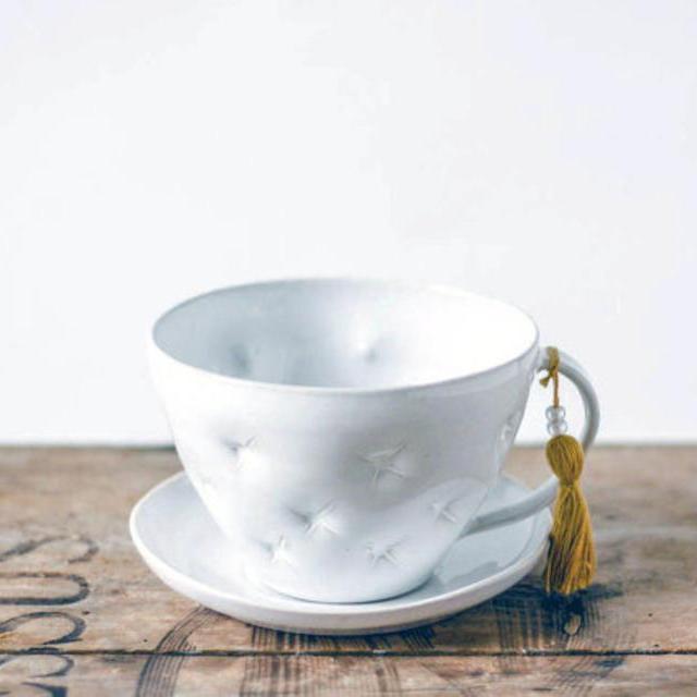 Delicate white ceramic cup and saucer, handmade and decorated with pillow effect/ tea cup/ ceramic mug/ white