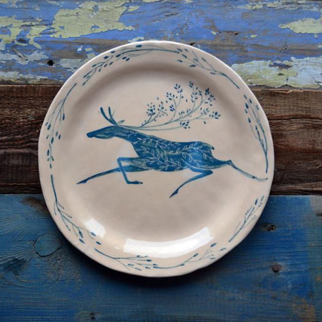 Big Plate with Deer, Summer Deer, Ceramic Plate, Forest on a plate, Handmade