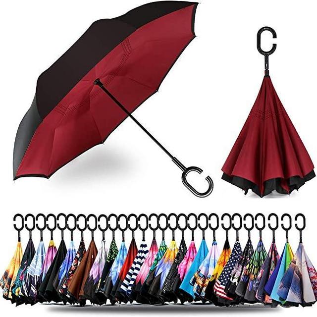 Spar. Saa Double Layer Inverted Umbrella with C-Shaped Handle, Anti-UV Waterproof Windproof Straight Umbrella for Car Rain Outdoor Use