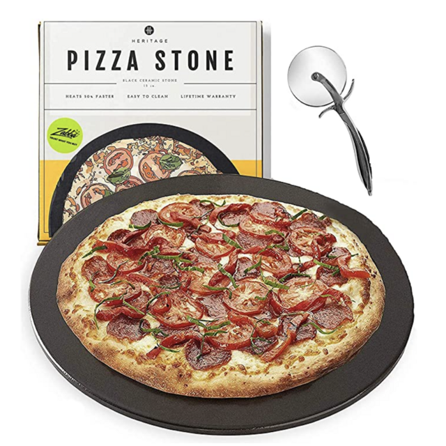 Heritage Pizza Stone - Pizza & Bread Baking Stones For Gas Grill, Oven Baking - Black Ceramic Pan, Stainless, No-Smoke - Wheel Pizza Cutter - Housewarming Gifts