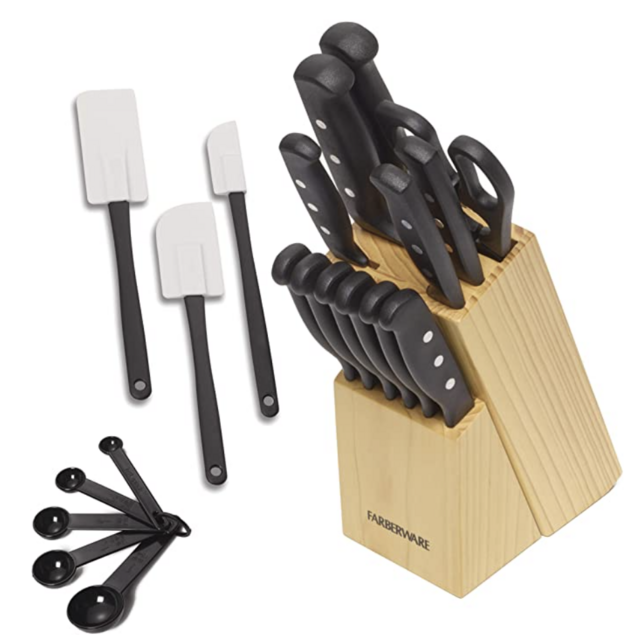 Farberware 22-Piece Never Needs Sharpening Triple Rivet High-Carbon Stainless Steel Knife Block and Kitchen Tool Set, Black