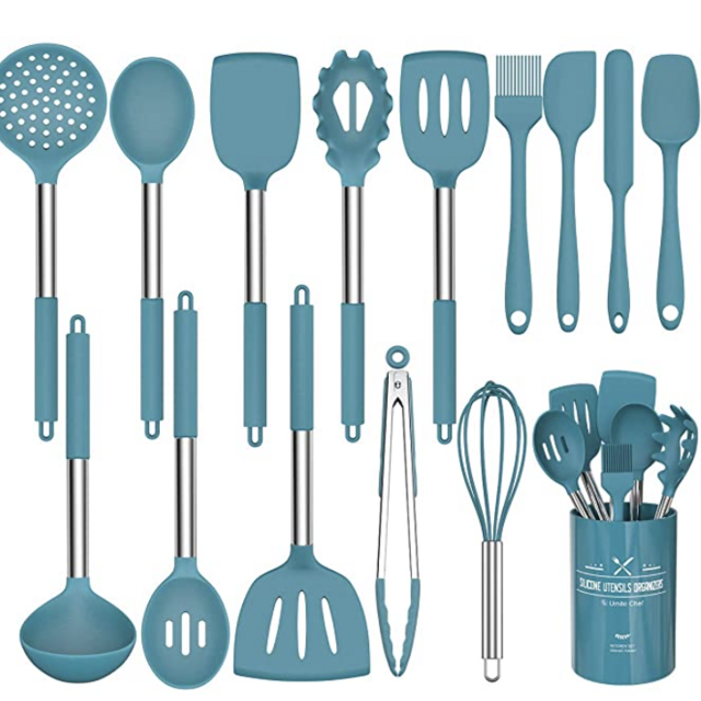15 Pcs Silicone Cooking Utensils Kitchen Utensil Set - Umite Chef 446°F Heat Resistant Stainless Steel Handles Kitchen Gadgets Tools Set for Nonstick Cookware(Blue)