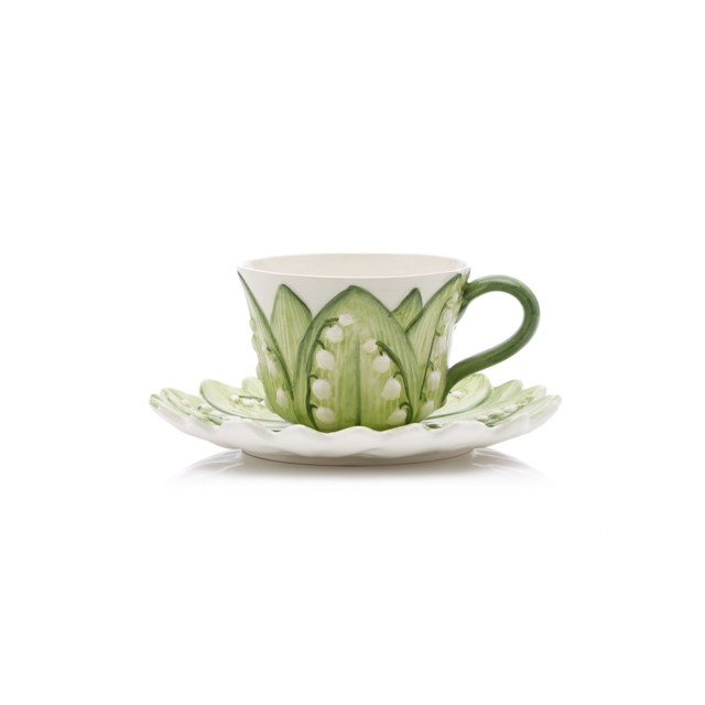 Set-of-Six Lily Of The Valley Ceramic Breakfast Cup and Saucer