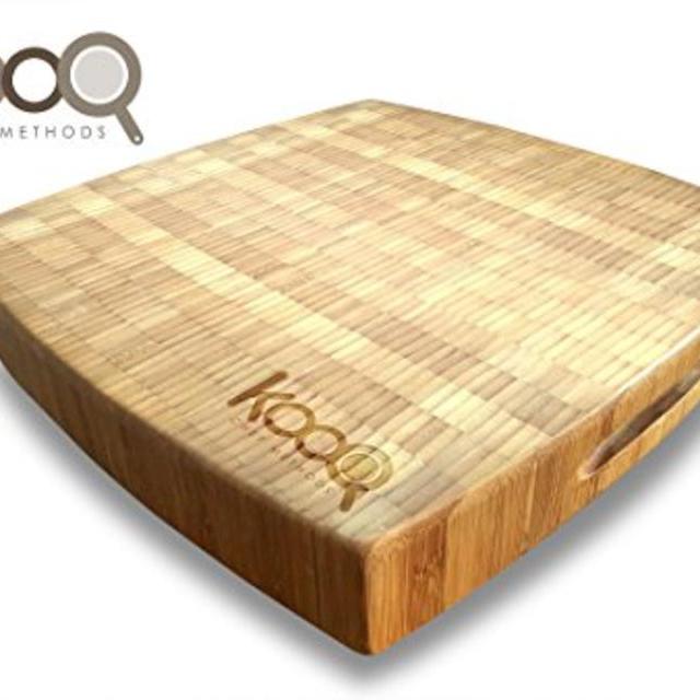 The Large Bamboo Chopping Block with Feet by KOOQ - THICK, 100% Sustainable, Anti-Microbial, Easy-Clean Bamboo Cutting Board - Professional Butcher's Block (Large 12" x 12" inches)
