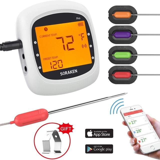 Wireless Meat Thermometer for Grilling, Bluetooth Meat Thermometer Digital BBQ Cooking Thermometer with 4 Probes, Alarm Monitor Cooking Thermometer for Barbecue Oven Kitchen, Support IOS & Android